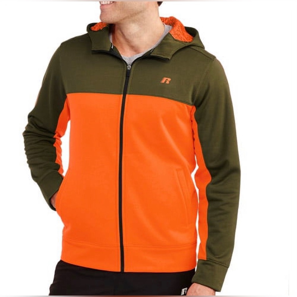Russell Performance PolyTech Zip Hoodie in Hunter’s Orange/Olive Grn Men’s Sm